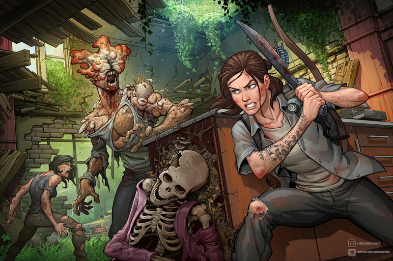 arrows, mushroom, backpacks, fungus, nature, Ellie Williams, skeleton, lantern, The Last of Us 2, inked girls, plants, drawing, brunette, Patrick Brown