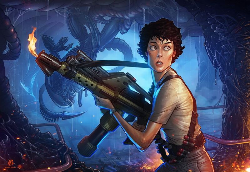 fantasy art, Patrick Brown, aliens, Ellen Ripley, Xenomorph, 1080P, drawing, flamethrowers, Aliens (movie), artwork