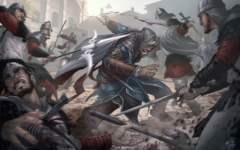 war, built structure, crowd, revelations, women, large group of people, lifestyles, people, danger, assassin, group of people, sunlight, illustration, low angle view