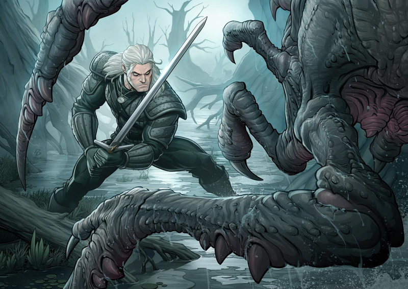 fighting, creature, Geralt of Rivia, swamp, Patrick Brown, weapon, 720P, long hair, drawing, white hair, men, sword, armor, The Witcher, warrior