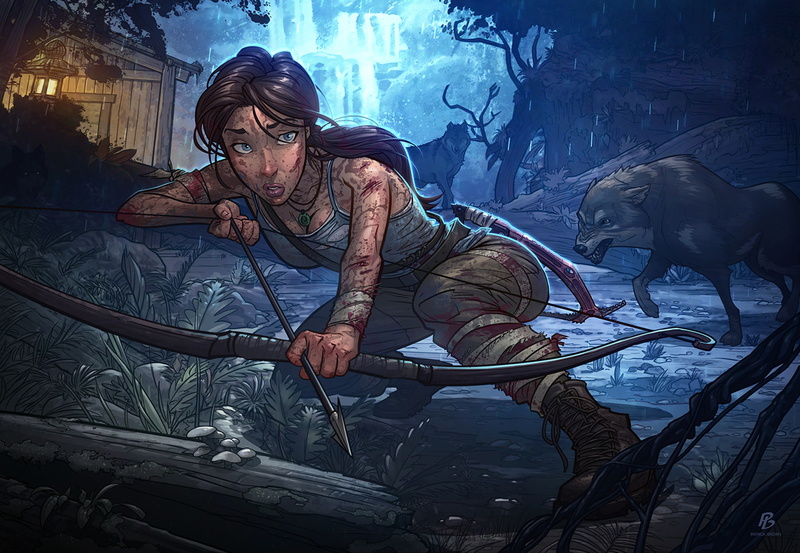 Definitive Edition, wolf, Patrick Brown, 1080P, waterfall, Lara Croft, Tomb Raider, PatrickBrown, bow, night