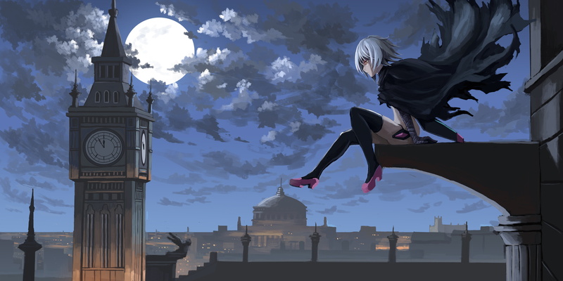 sky, Jack the Ripper, London, Big Ben, cape, 4K, Fate/Apocrypha, girl, anime girl, moon, artwork, Fate Series, Assassin of Black, clouds, night, anime
