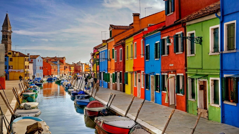 Venice, channel, boats, Burano island, home, paint, Italy, 1080P