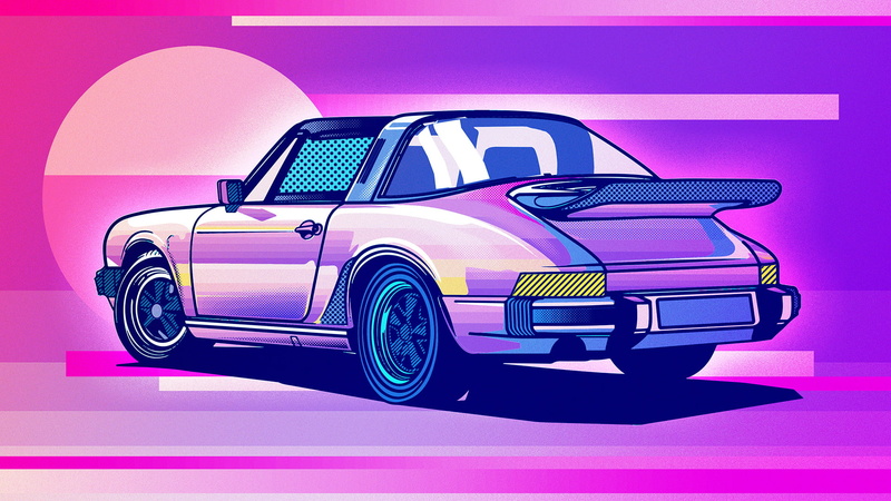 cars, behance, digital art, day, mode of transportation, artwork, transportation, hd, pink color, car, purple, no people, porsche, vintage car, motor vehicle
