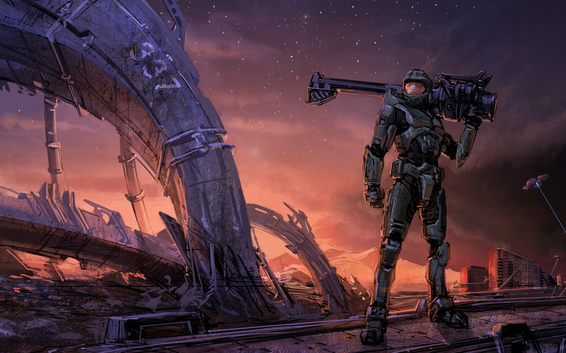 communication, holding, Master Chief, men, adult, military, sky, full length, 1080P, nature, battle, gun, government, wearing, clothing, person, video games