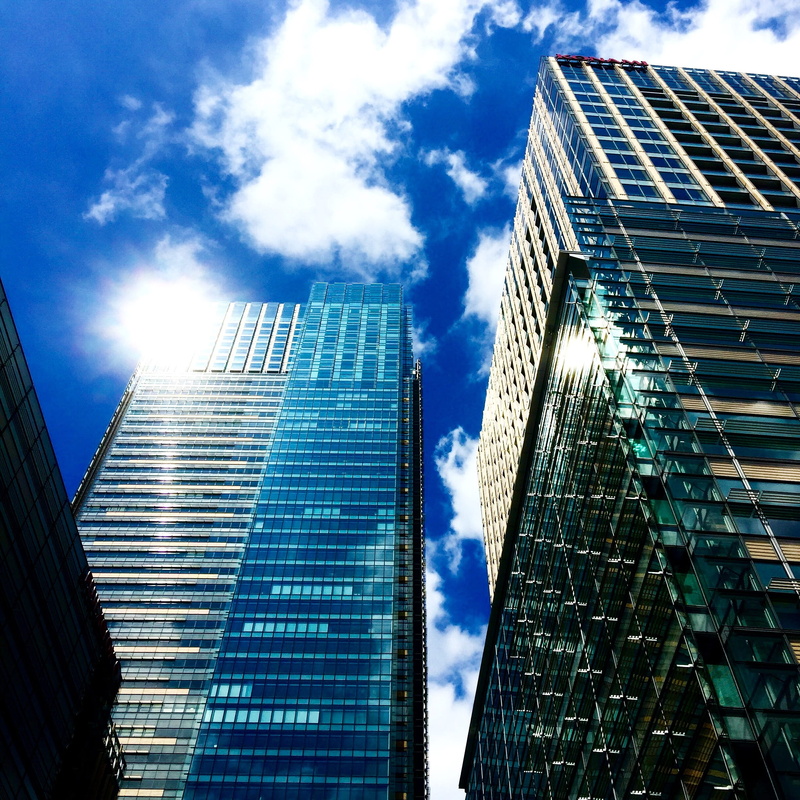 cityscape, view, exterior, building exterior, cloud - sky, futuristic, architecture, office, blue sky, low, lens flare, skyscraper, angle, modern, reflection