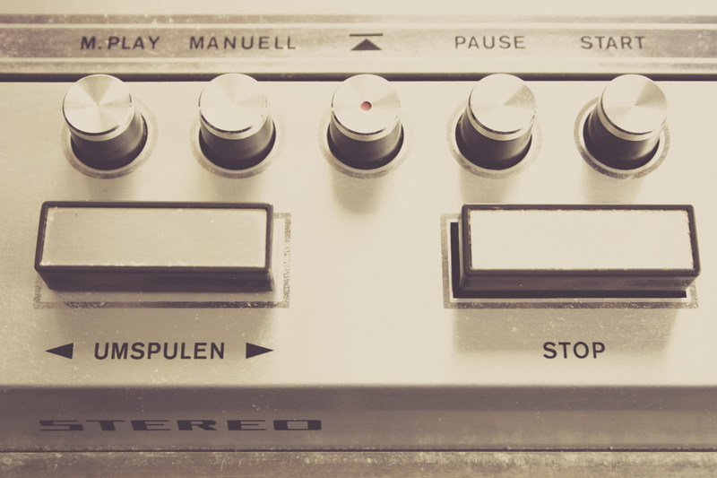 western script, rewind, stereo, vintage, retro, equipment, machine part, stop, recording, high angle view, side by side, number, magnetband, machinery