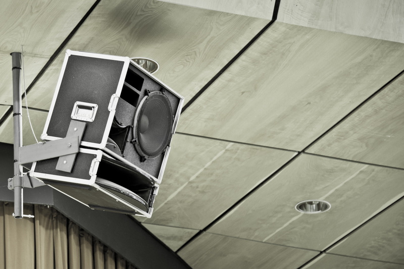 indoors, holder, ceiling, air conditioner, black, day, communication, box, concert, close-up, speaker, gray, arts culture and entertainment, shape, sound engineering