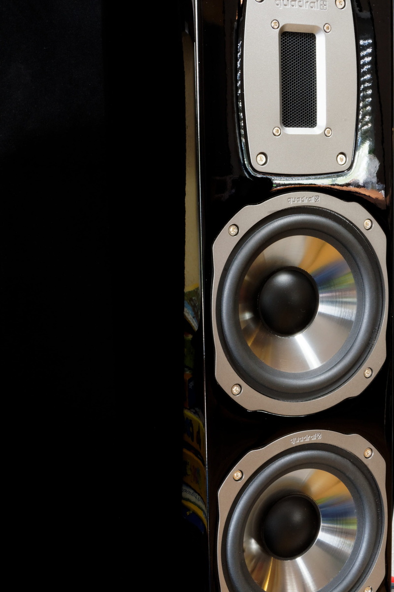 technology, audio equipment, box, metal, close-up, hifi, copy space, speaker, platelet tweeter, black color, 2K, quadral, black background, studio shot