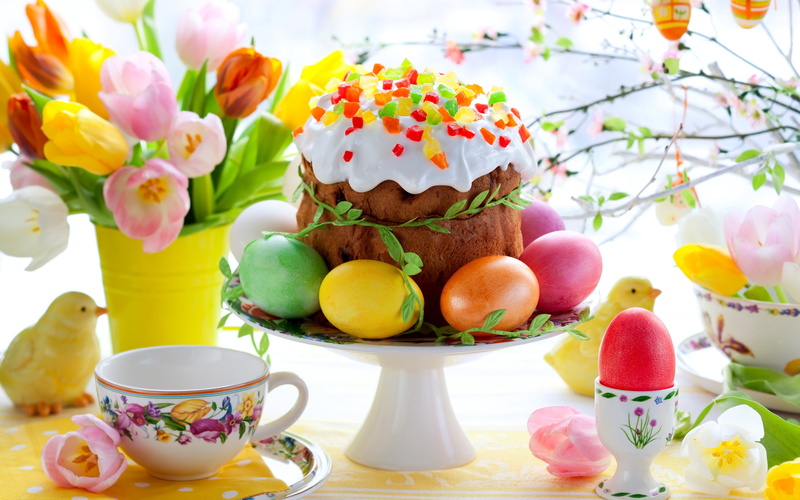 assorted, decor, Easter, Tulips, 2K, Flowers, Cake, Spring, Colorful, Eggs, food