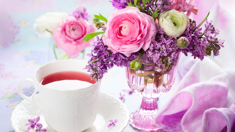 4K, Rose, A, Bouquet, Vase, Cup, Tea, Lilac