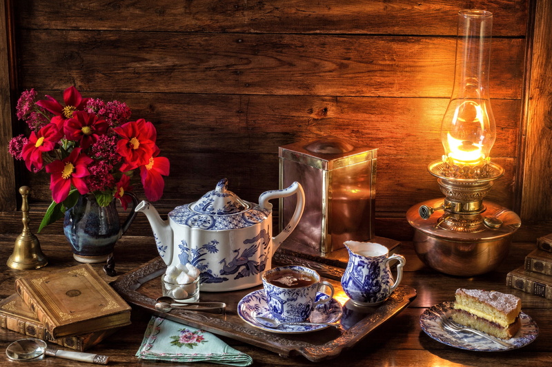 still life, candle, tea light, indoors, table, 2K, fire, set, sugar, Cup, tea, tray, heat - temperature, antique, wood - material, nature, bell, flowering plant