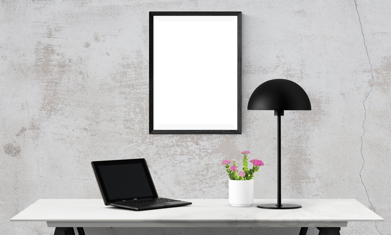 electric lamp, wireless technology, poster, artwork, table, no people, plant, flowering plant, black color, blank, template, copy space, gallery, wall - building feature