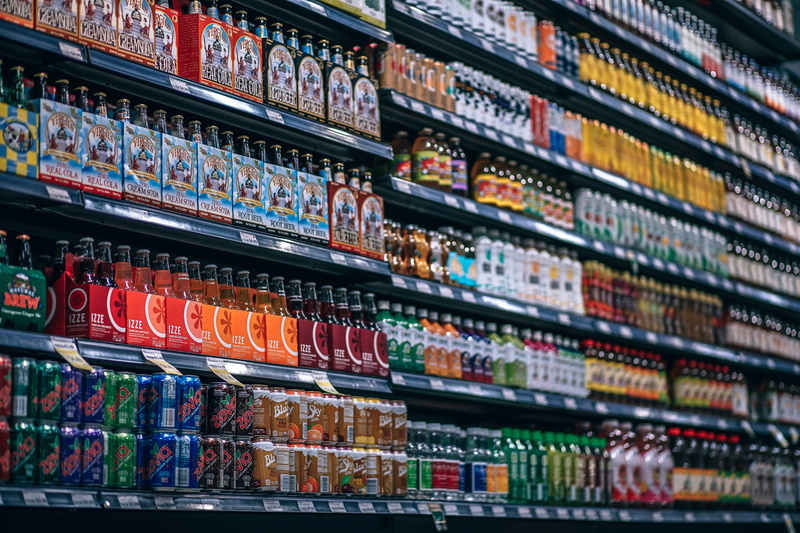 drink, shopping, arrangement, sale, order, bottle, shelf, choice, shelves, retail, aisle, store, food, carbonated, cans, bottles, for sale, sales, rack