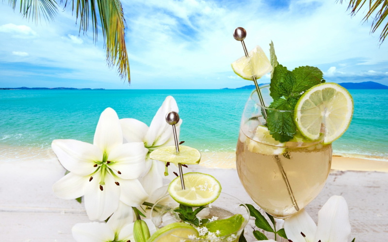 sky, lemon, cocktail, sea, beach, light, fruits, drinks, 2K, summer