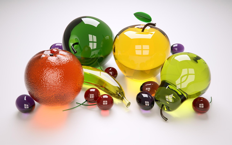 pears, glass, fruit, 1080P, apples, bananas, cherries, 3d and abstract, oranges