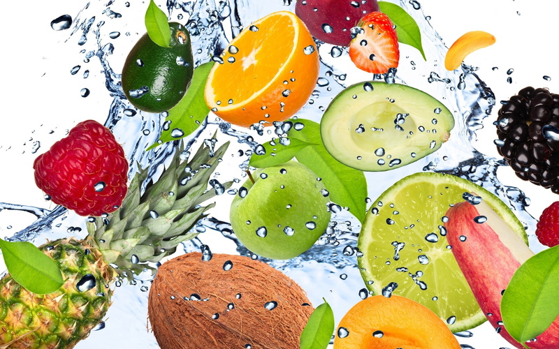 choice, multi colored, food, orange, orange color, Fresh, close-up, 2K, indoors, Avocado, high angle view, Apricot, Blackberry, Water, Apple, vegetable