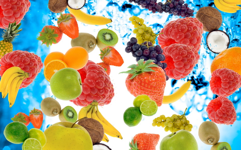raspberries, 1080P, kiwi, lemon, water, berries, coconut, bubbles, fruits, pineapple, strawberry, apple, bananas, grapes