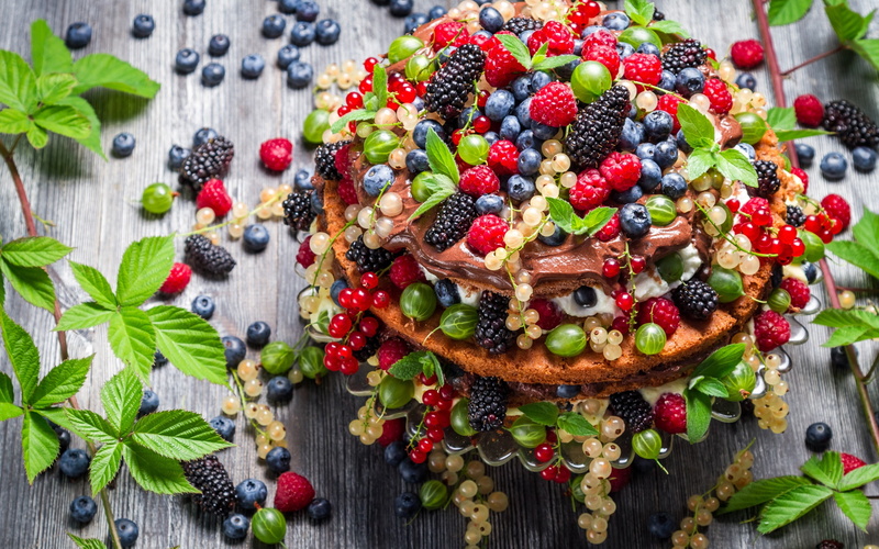 Cake, Berries, Leaves, Dessert, Mint, 2K