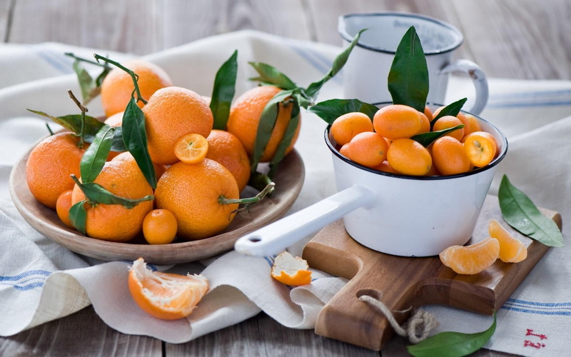 tangerines, fruit, 720P, oranges, leaves