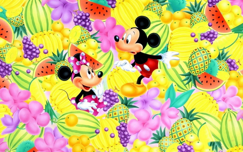 playing, hd, watermelon, fruits, citrus, mickey, pineapple, bananas, seek, minnie, among, flowers, 1080P, grapes, hide