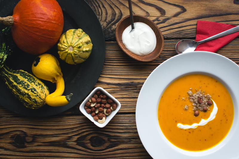 spoon, top view, table, indoors, 5K, bowl, cultures, orange Color, no people, healthy, pumpkin, healthy eating, autumn, kitchen utensil, wood - Material