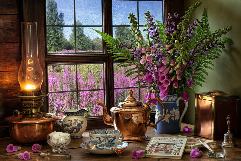 fern, flowers, still life, style, window, books, 5K, bouquet, lamp, mug, kettle, Cup, sugar, digitalis