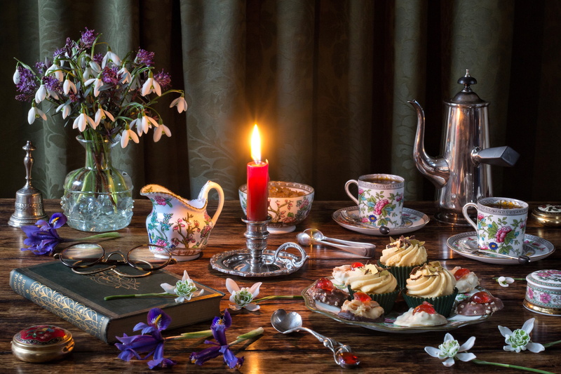 coffee pot, style, coffee, glasses, bouquet, book, flowers, snowdrops, irises, set, cupcakes, candle, 2K