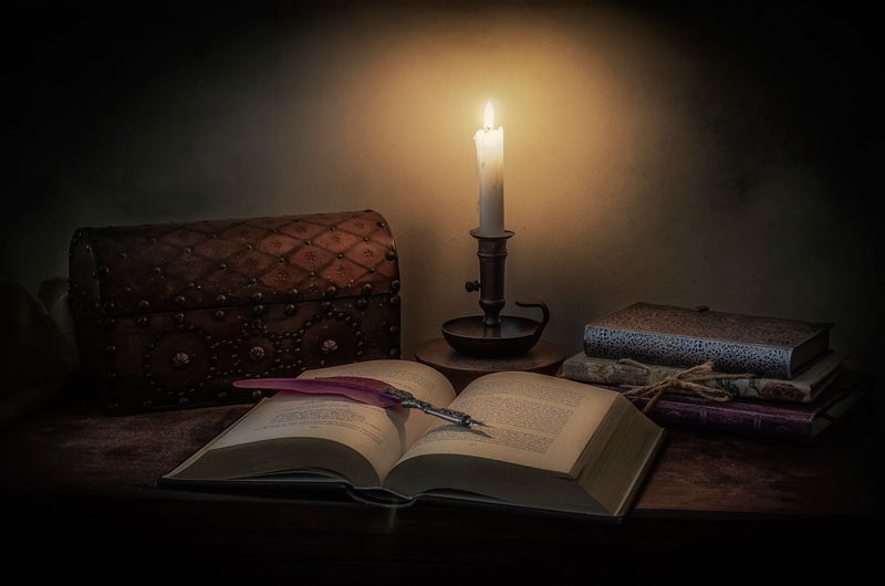 still life, candle, 2K, the casket, book, pen, box, style