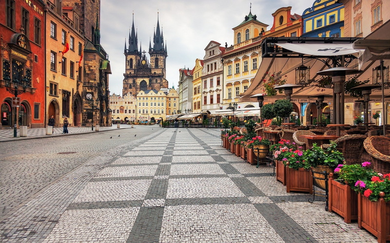 cathedral, architecture, cafeteria, Czech Republic, town square, Prague, clocktowers, city, 1080P, old building