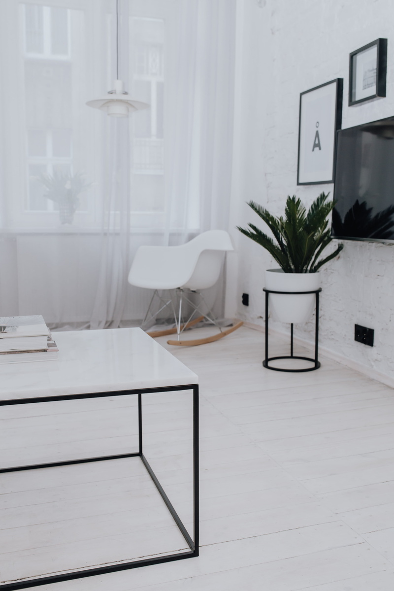 contemporary, chair, coffee table, day, door, marble, plant, Uncommon, table, seat, houseplant, tiled floor, common, design, living, nature, indoors, white walls