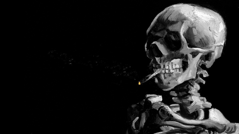cigarettes, black background, teeth, smoking, bones, smoke, skull, painting, monochrome, 1080P, digital art, ribs, spine