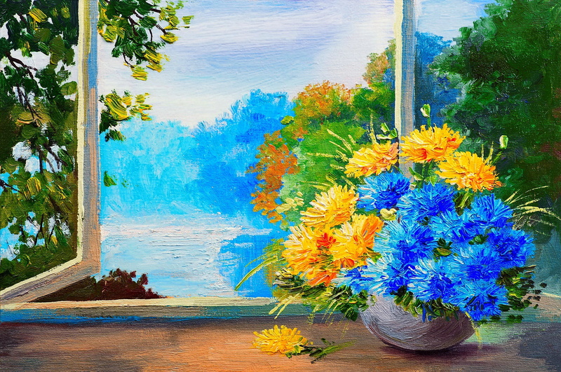 outdoors, multi colored, water, day, flowering plant, landscape, flowers, creativity, vulnerability, freshness, flower head, wood - material, painting