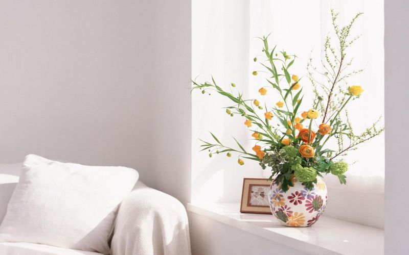 pillow, decorations, windowsil, vase, window, 3d and abstract, flower, flowers, arraingment, 1080P