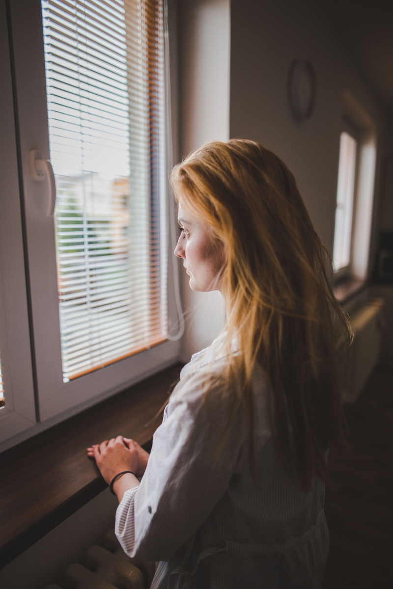 white, blinds, blond Hair, real people, beside, females, long, caucasian Ethnicity, sitting, contemplation, windowsill, brown, beautiful woman, home Interior