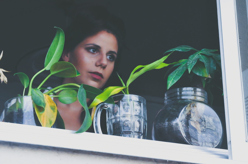 one person, beautiful woman, outside, real people, female, 2K, near, leaf, windowsill, window sill, women, flower, staring, contemplation, face, glass jar