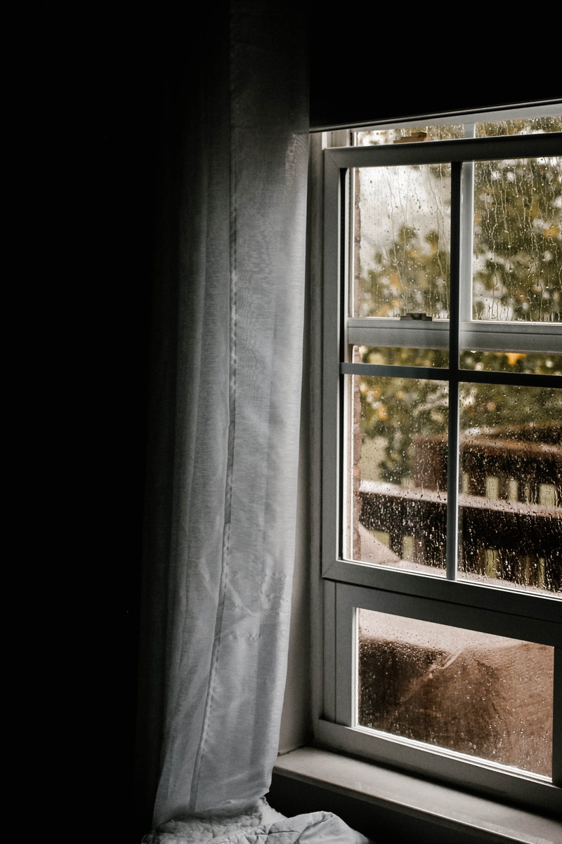 viewing, open, 2K, dew, home interior, built structure, raing, cozy, glass, contrast, water, curtain, domestic room, sunlight, glass - material, window sill