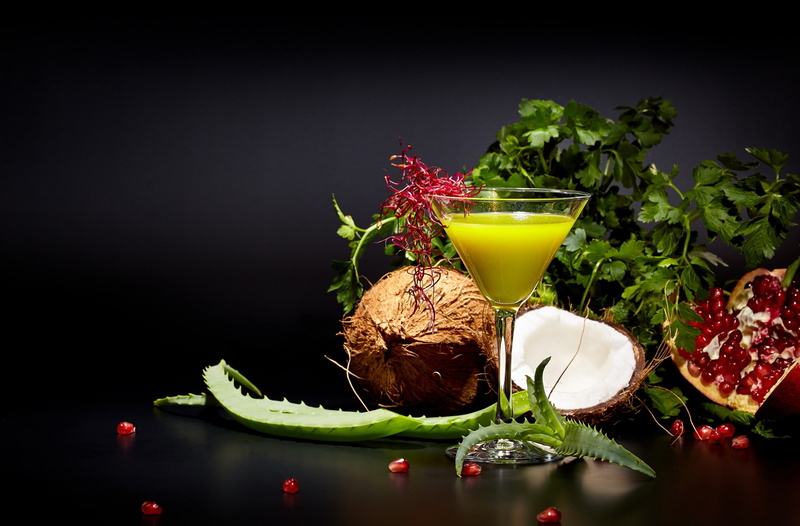 glass, juice, 2K, black background, greens, aloe, strawberry, garnet, coconut