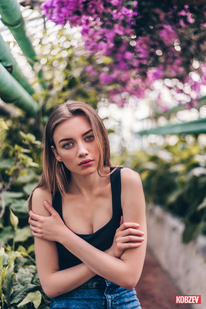long hair, flower, outdoors, human face, teenager, one person, plant, hair, nature, adult, Viktor Kobzev, jeans, fashion, beauty, portrait, looking at camera