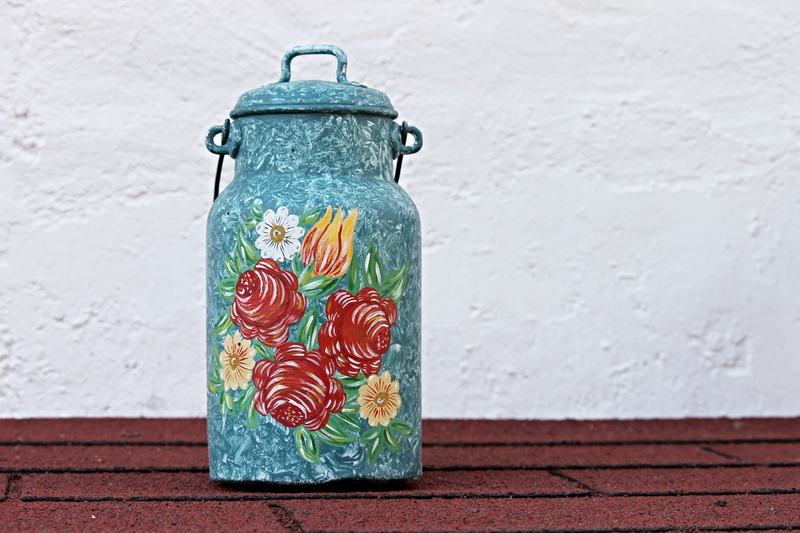 no people, vessel, pot, container, close-up, yellow, food and drink, metal vessel, decorating articles, jar, concrete, brick, blue, milk, peasant art, creativity