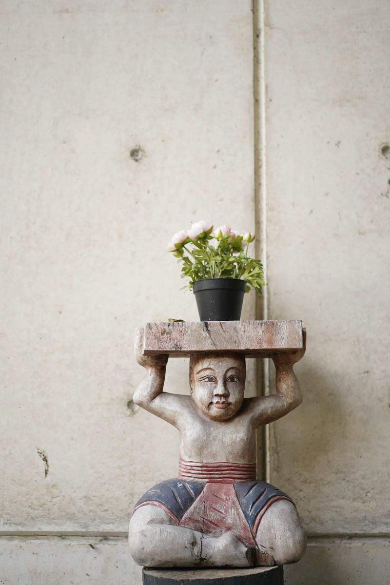 sculpture, wall, budha, wall - building feature, figure, close-up, art and craft, concrete, 4K, decoration, statue, metal, flower pot, growth, built structure