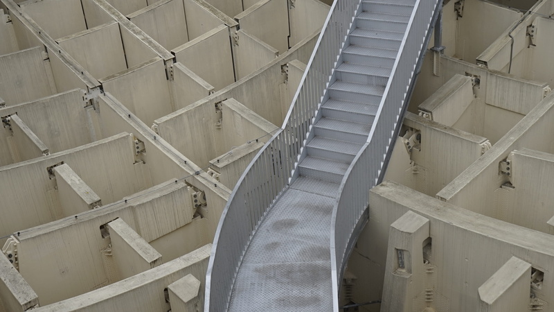 jar, 4K, ceiling, steps and staircases, day, clinic, banister, handrail, building, staircase, stairs, plywood, wood, concrete, gray, steel, built structure
