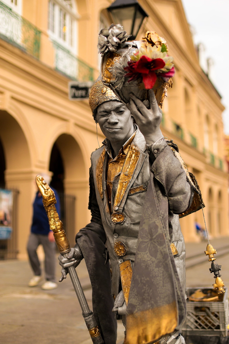 assorted, standing, one person, clothing, man, lifting, street artist, sculpture, building exterior, incidental people, bouquet, new orlean, pot, color