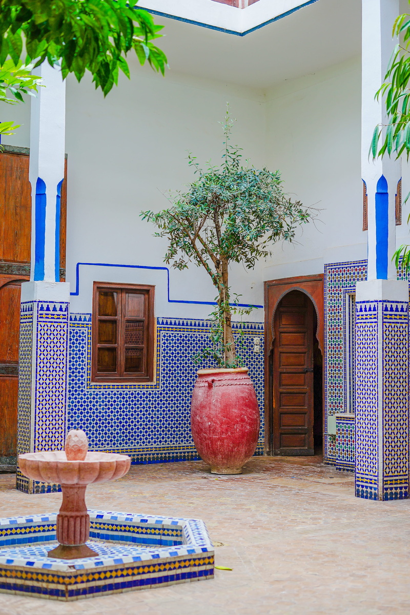 brown, front, moroccan style, potted plant, fountain, no people, door, interior, outdoors, potted, living space, interior design, creativity, courtyard