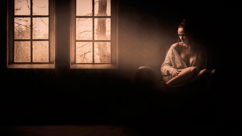 copy space, relationship difficulties, depression - sadness, 8K, waiting, despair, hopelessness, adult, shadow, window, sitting, worried, indoors, one person