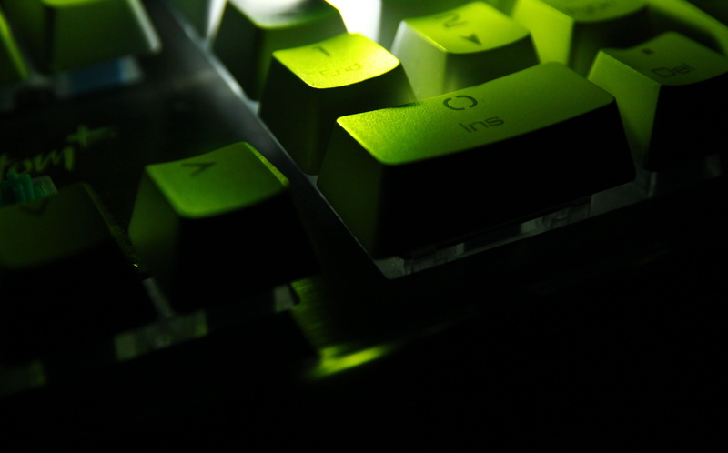 close-up, computer keyboard, reflection, indoors, connection, green color, computer equipment, studio shot, computer part, black background, 4K, number