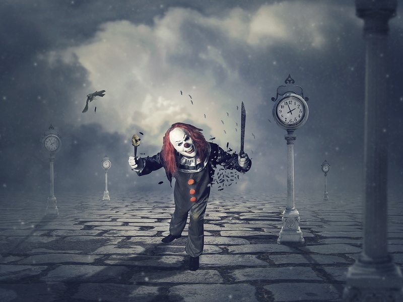 one person, horror, digital art, hairstyle, front view, young adult, outdoors, nature, pennywise, digital, standing, sky, young women, time