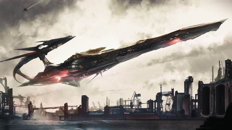 black, artwork, water, machinery, architecture, transportation, air vehicle, cloud - sky, building exterior, industry, nature, aircraft, nautical vessel