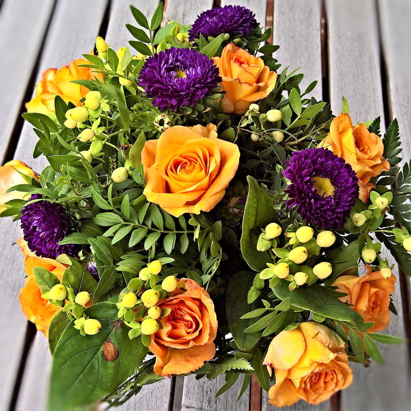 1080P, flower, wooden, flower arrangement, flower pot, variation, nice surprise, brown, bouquet, flower head, dark blue asters, purple, plant, petal, freshness