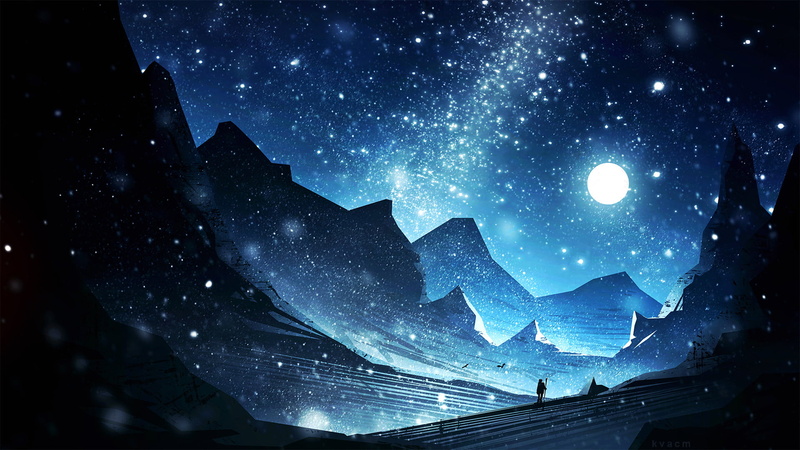 tranquil scene, mountain, mountain peak, scenics - nature, painting, snow, looking into the distance, sky, galaxy, star - space, space, valley, nature